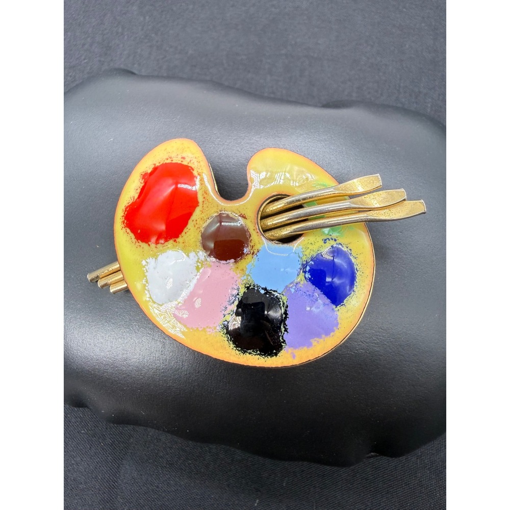 Vintage Gold Tone Enamel Artist Palette Brooch Pin Paintbrushes Multicolor Gift